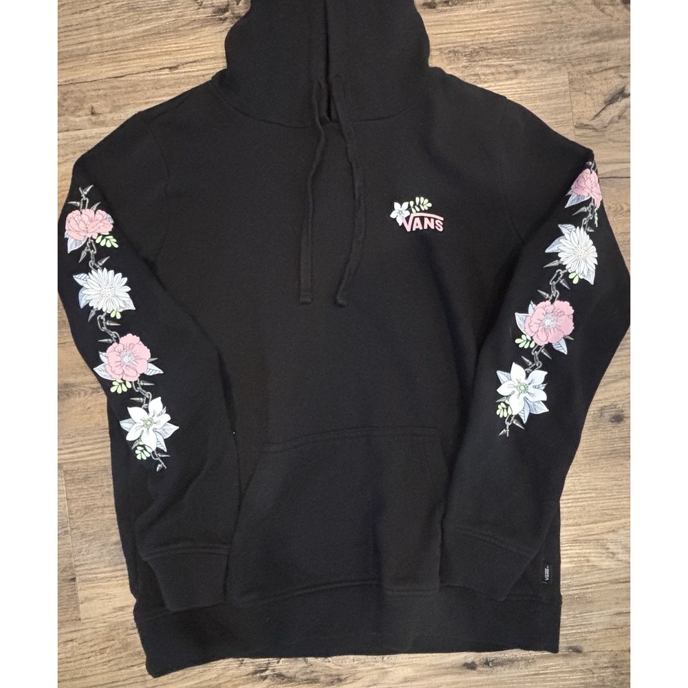 Vans Barbed Floral pink and white flowers Floral Sleeve Hoodie Black Pullover M - Picture 6 of 15